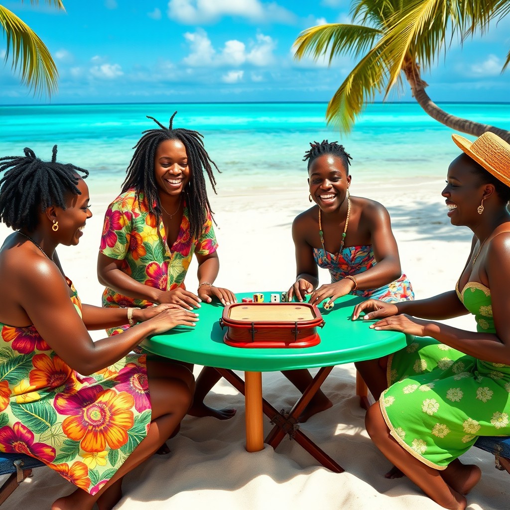 Three Creole individuals playing a lively game with a timbale and two dice on a green tablecloth set on a sunny Caribbean beach