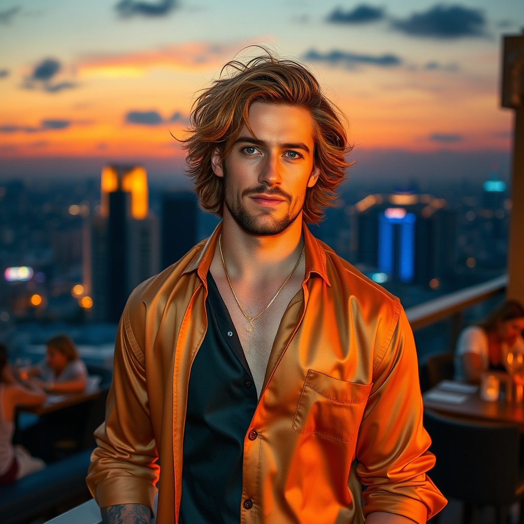 A tall, lean, athletic man aged 33 with golden-brown messy curls, standing confidently at a rooftop bar during sunset