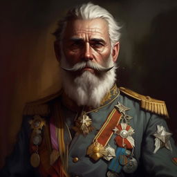 Digitally painted portrait of a grizzled fantasy General with a grey-flecked beard, wearing golden epaulettes and valor medals, reminiscent of classic oil portraits but with fewer, more textured brush strokes.