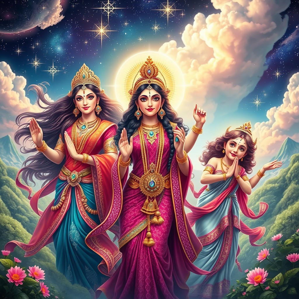 A stunning and majestic scene set in swarg, featuring three divine goddesses radiating beauty and grace