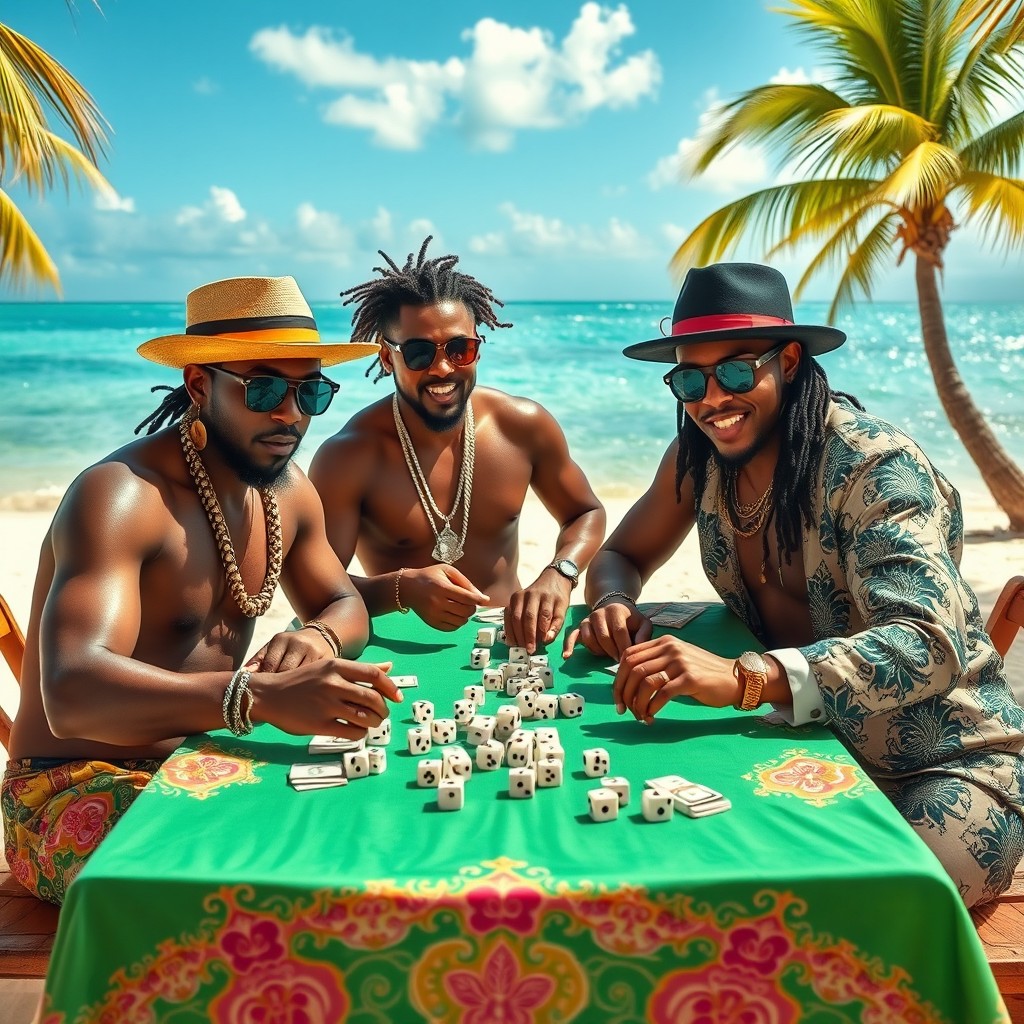 Three Creole gangsters engaged in a game of dice on a green table covered with a vibrant tablecloth, set on a sun-kissed Caribbean beach