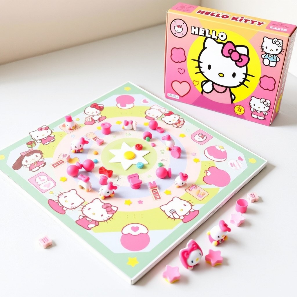 A colorful and cheerful board game featuring Hello Kitty and her friends