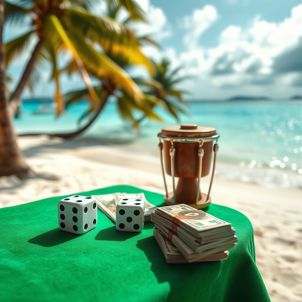 A captivating scene featuring two dice, a timbale, and stacks of cash neatly arranged on a green tablecloth set on a picturesque Caribbean beach