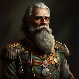 Digitally painted portrait of a grizzled fantasy General with a grey-flecked beard, wearing golden epaulettes and valor medals, reminiscent of classic oil portraits but with fewer, more textured brush strokes.