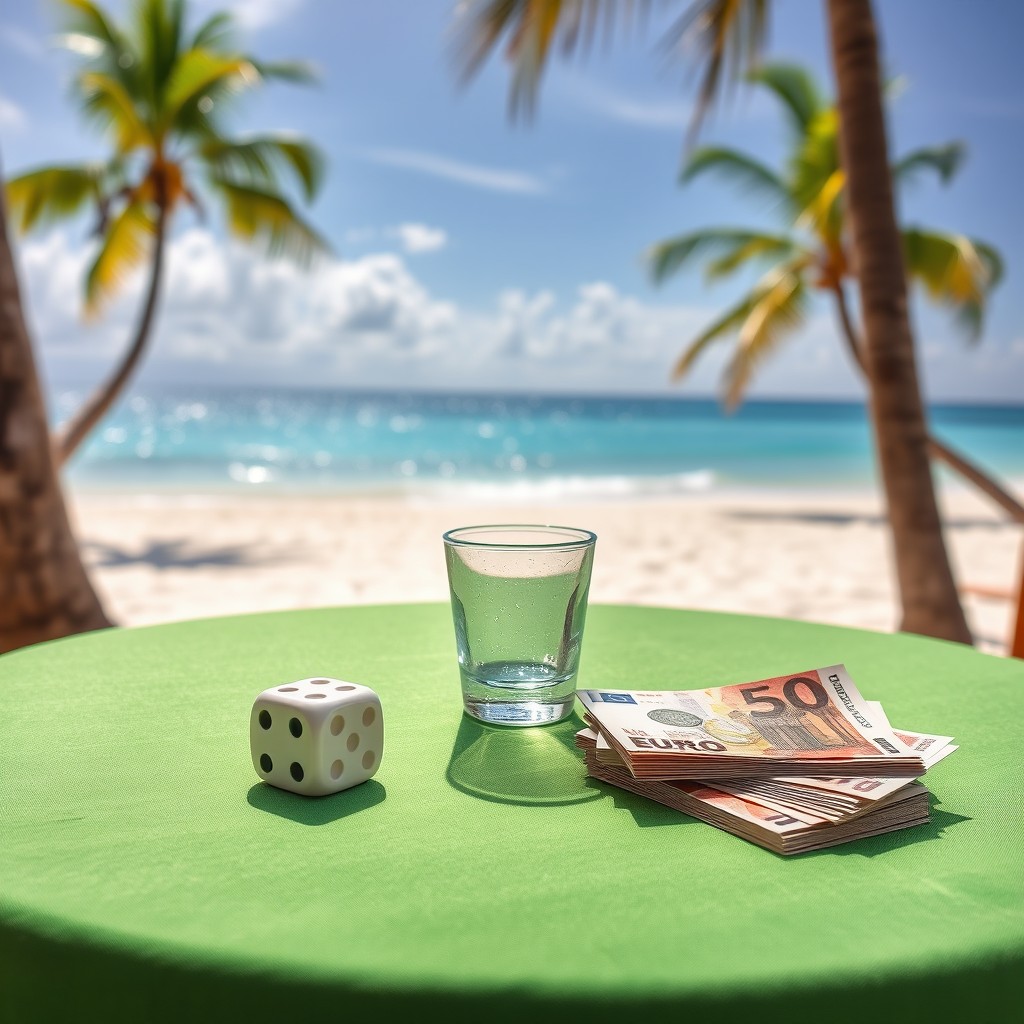 A serene scene featuring two dice, a drinking cup, and stacks of Euro bills elegantly arranged on a green tablecloth set against the backdrop of a beautiful Caribbean beach