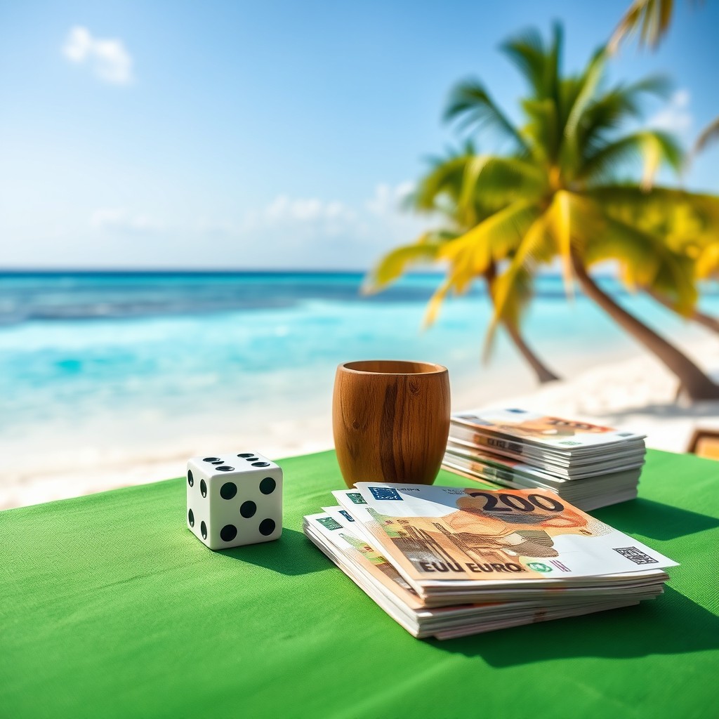 A picturesque scene featuring two dice, a wooden cup, and stacks of Euro bills elegantly arranged on a green tablecloth set against the stunning backdrop of a Caribbean beach