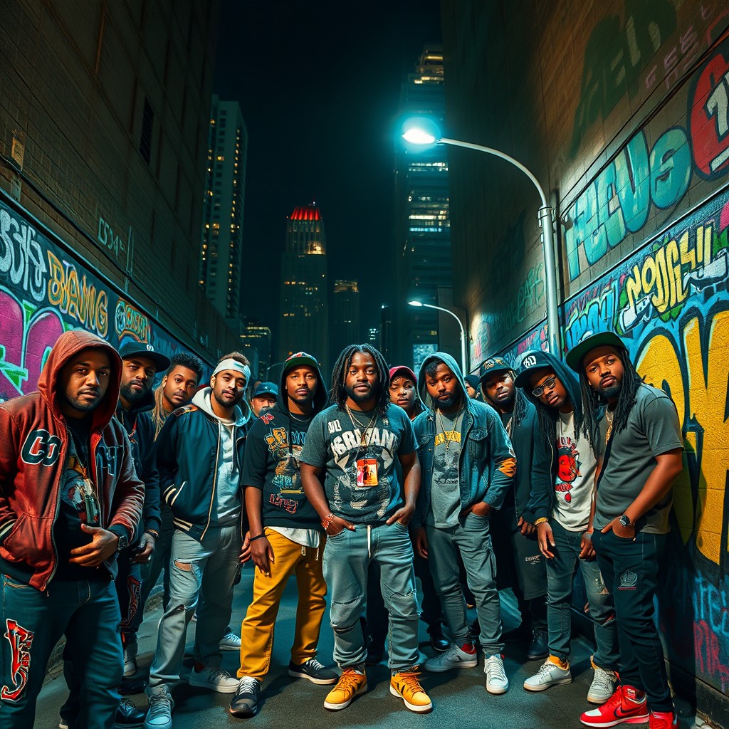 A lively street scene depicting a vibrant, graffiti-filled urban area at night, where a diverse group of individuals representing a gang are gathered, showcasing expressions of camaraderie and unity