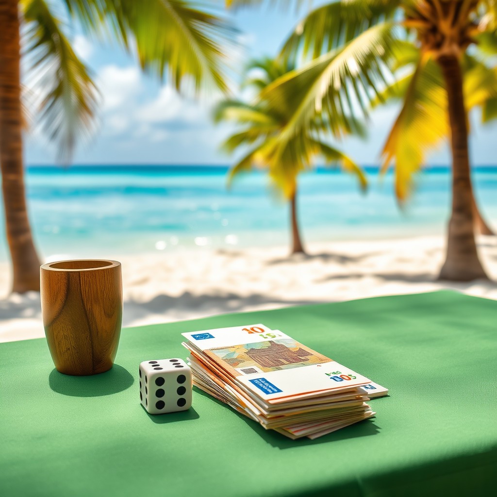 A tranquil beach scene featuring two dice and a wooden cup placed next to stacks of Euro bills, elegantly arranged on a green tablecloth