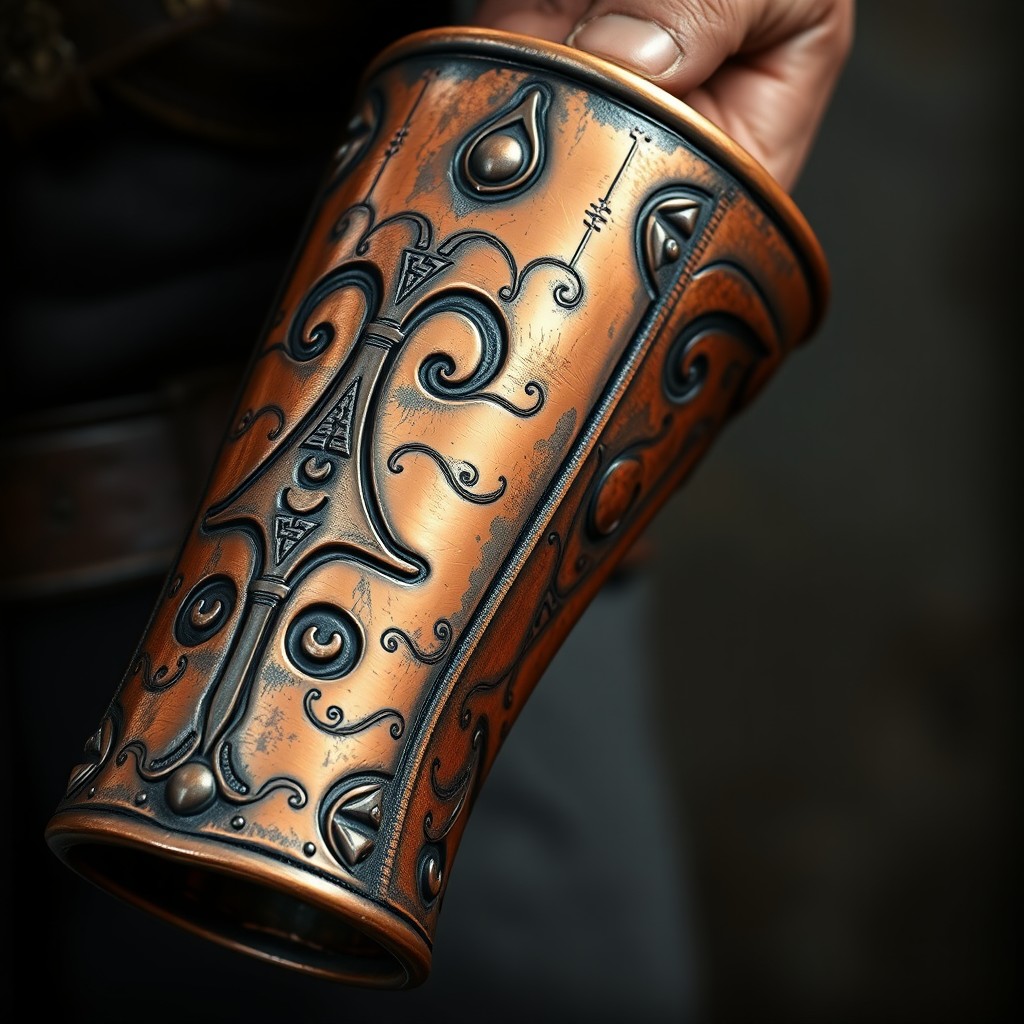 A beautifully detailed graphic of copper forearm bracers adorned with intricate dwarven ARUN rune motifs