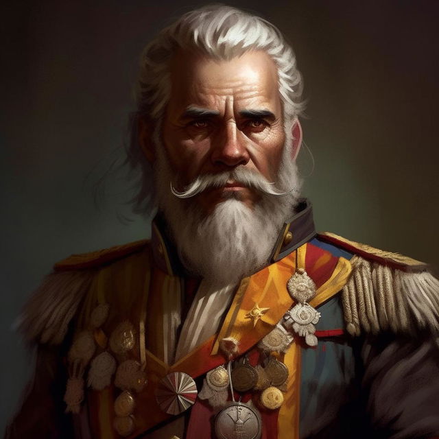 Digitally painted portrait of a grizzled fantasy General with a grey-flecked beard, wearing golden epaulettes and valor medals, reminiscent of classic oil portraits but with fewer, more textured brush strokes.