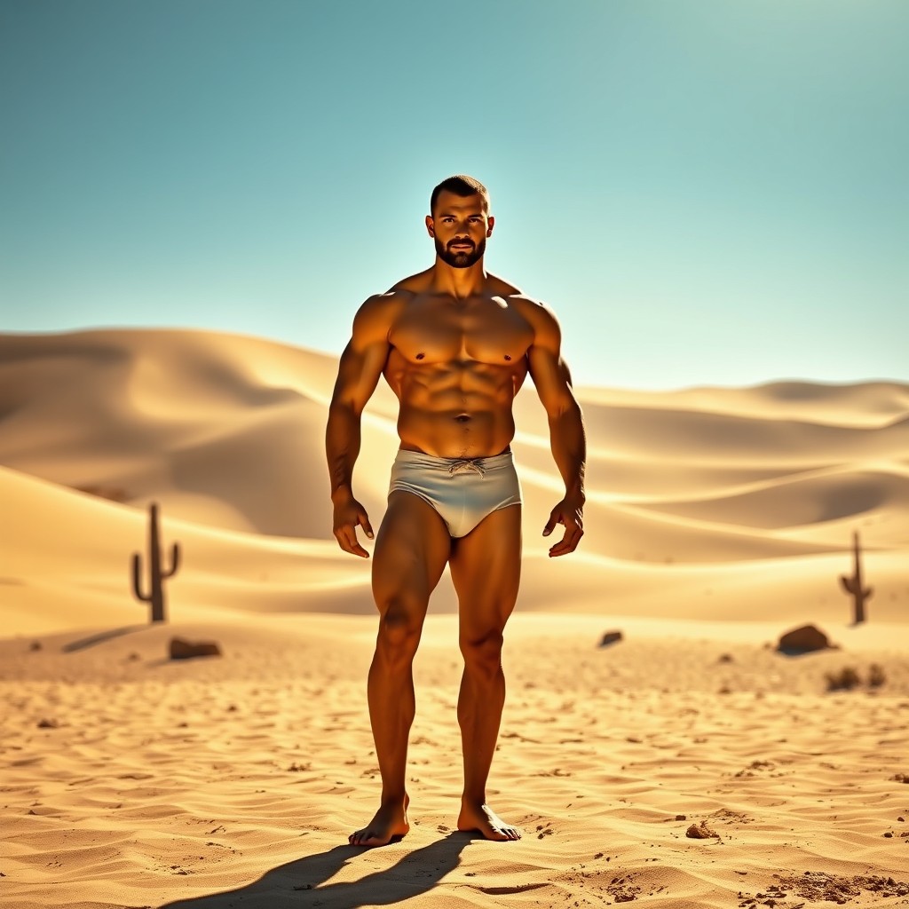 A muscular golden-skinned man standing confidently in a vast desert landscape, with undulating sand dunes and a bright blue sky in the background