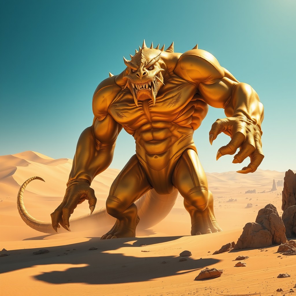 A muscular golden monster towering in a vast desert landscape, featuring powerful limbs and a dynamic pose that exudes strength