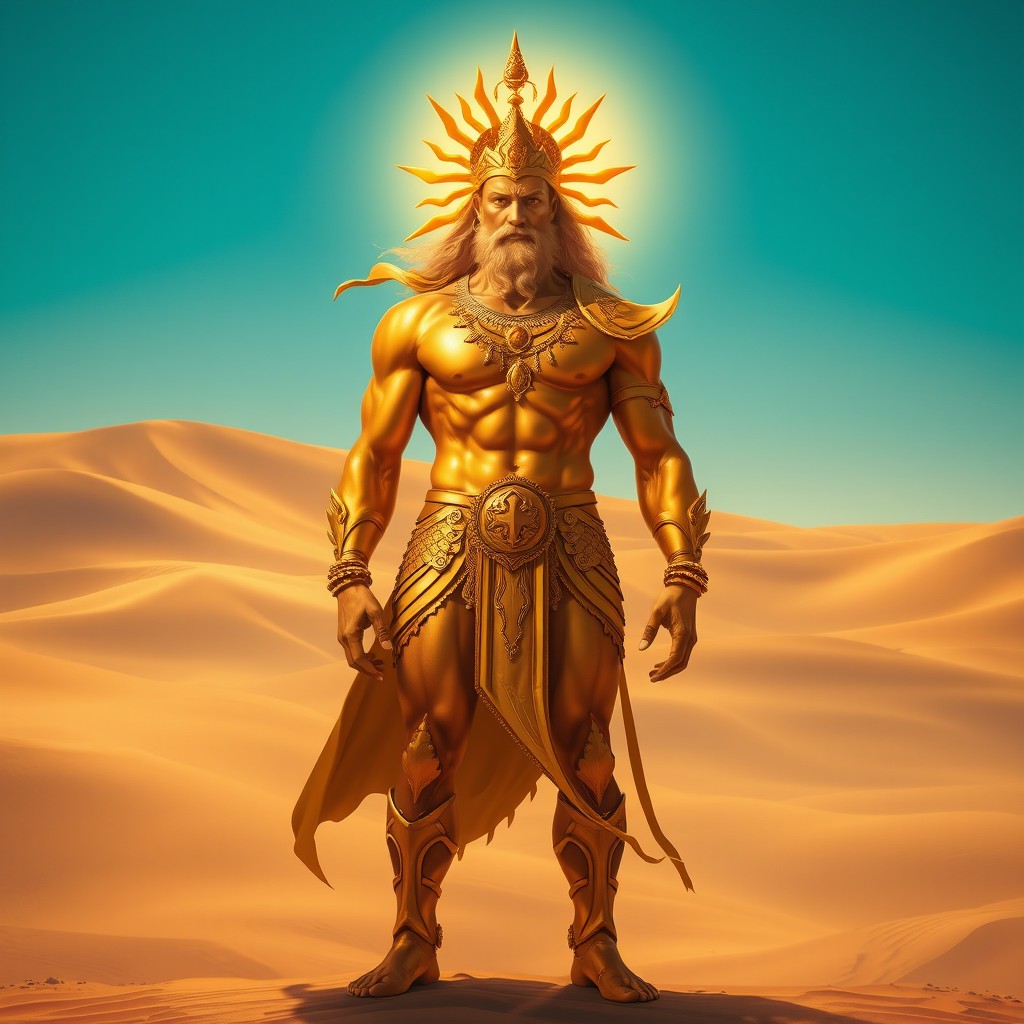 A muscular golden god depicted in a majestic pose, standing tall in a sprawling desert landscape