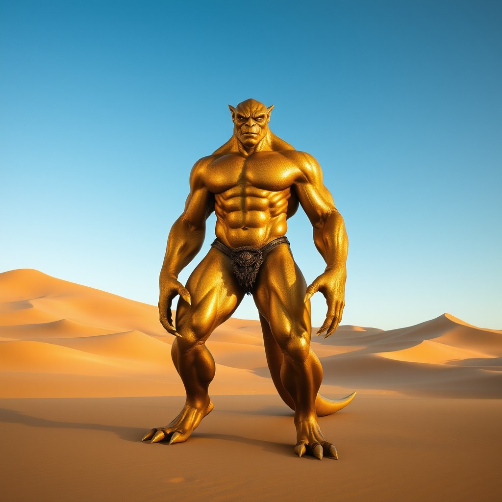 A muscular golden man-like creature standing imposingly in a vast desert landscape, characterized by its bulging muscles and humanoid features, but with unique monster-like traits such as elongated limbs and sharp claws