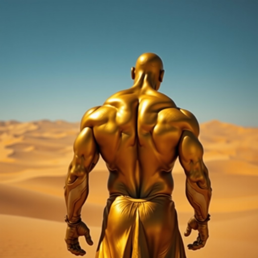 A muscular golden man-like creature viewed from behind, standing confidently in a vast desert landscape