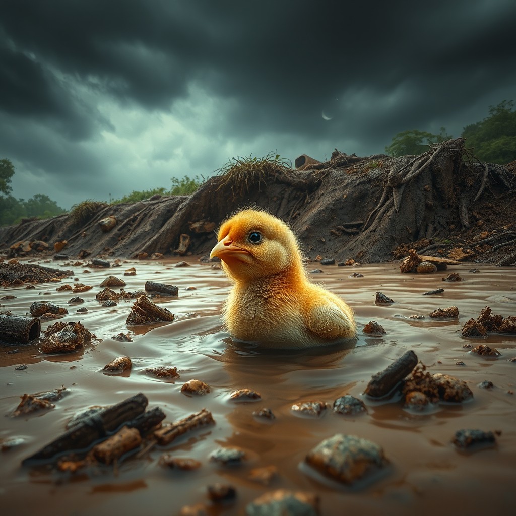 A small, helpless chick crying as it gets stuck in a landslide and flood caused by heavy rainfall