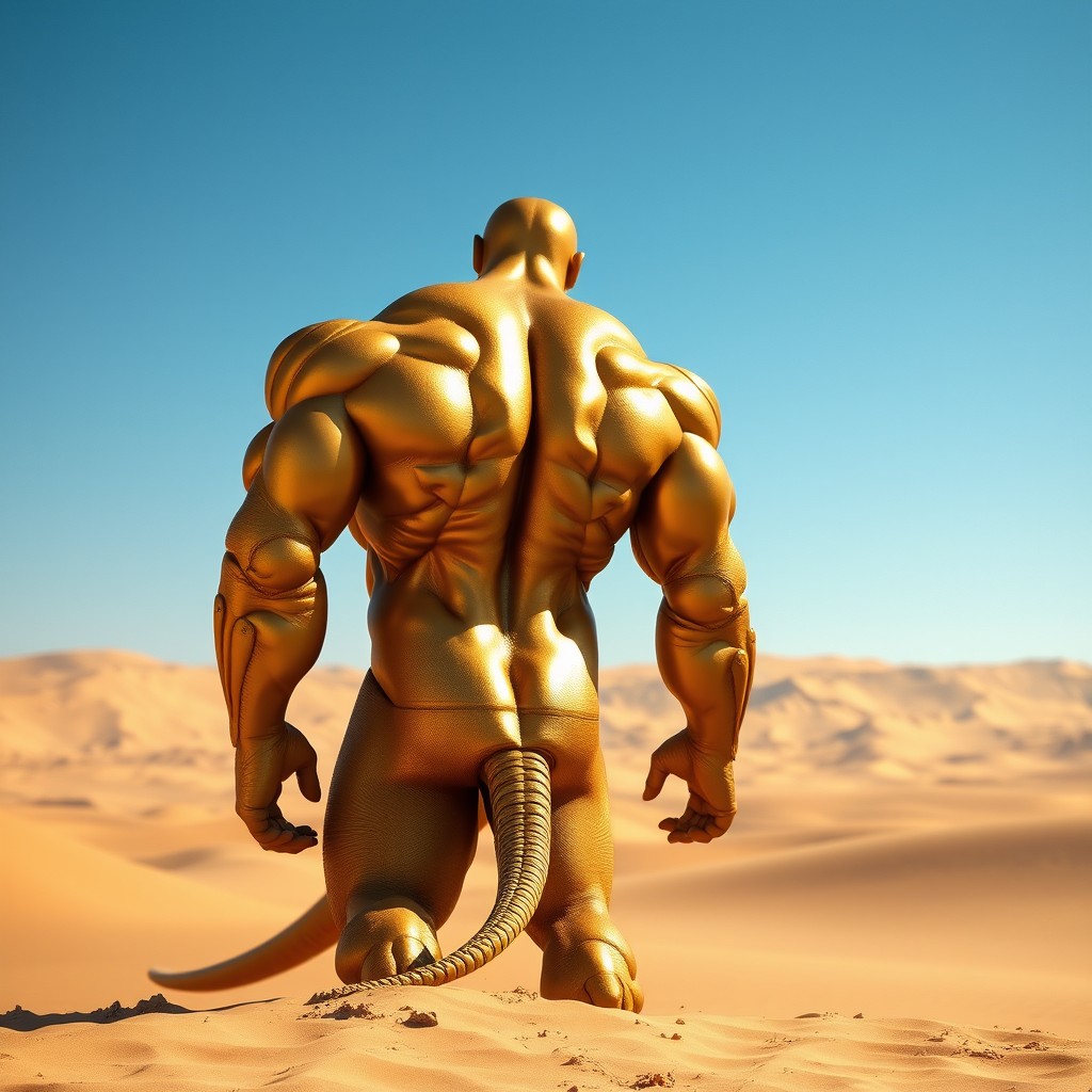A full view of a muscular golden man-like creature from behind, positioned confidently in a vast desert landscape