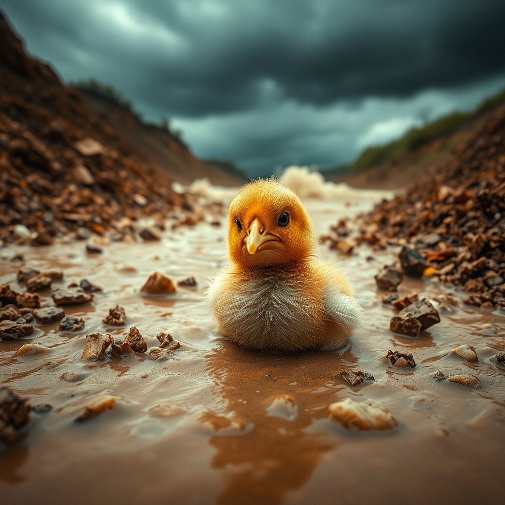 A small, delicate chick crying as it struggles in a chaotic landslide and flood caused by heavy rainfall