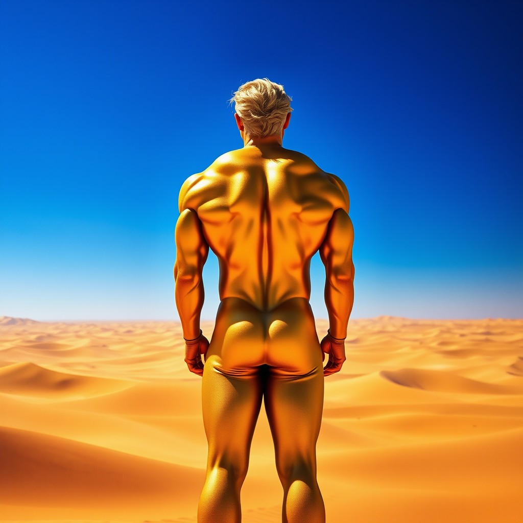 A full view of a muscular golden god-like man from behind, standing majestically in a vast desert landscape