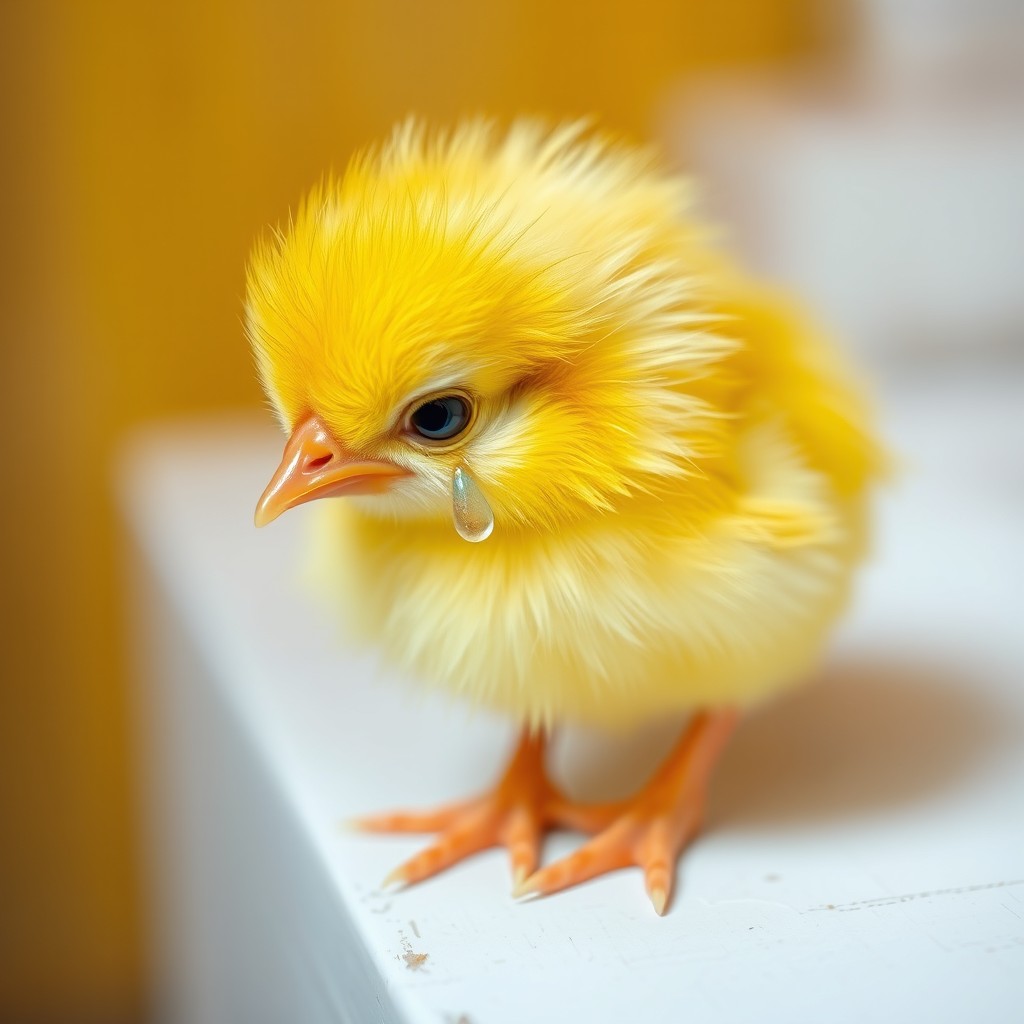A cute baby chick with bright yellow feathers, perched on a white wooden surface, with a single tear rolling down its cheek, looking adorably sad