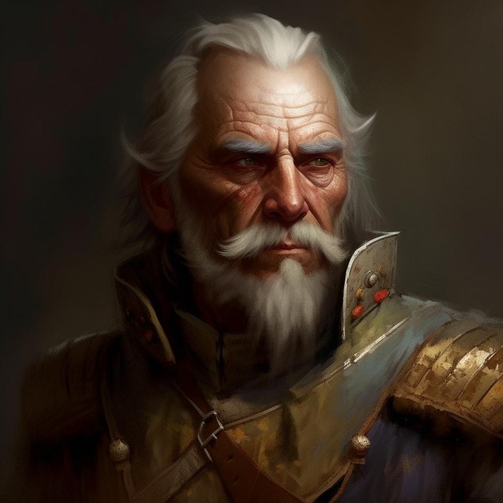 Modify the digitally painted portrait of the grizzled fantasy General to have even fewer brush strokes, particularly around the facial details, while maintaining the textured style of classic oil paintings.