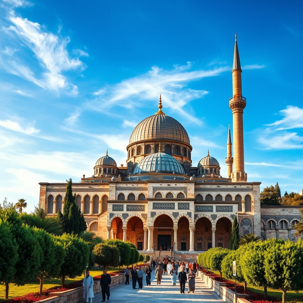 A majestic view of Al-Aqsa Mosque in the 11th century, showcasing its intricate architecture with stunning geometric patterns, large domes, and beautiful arches