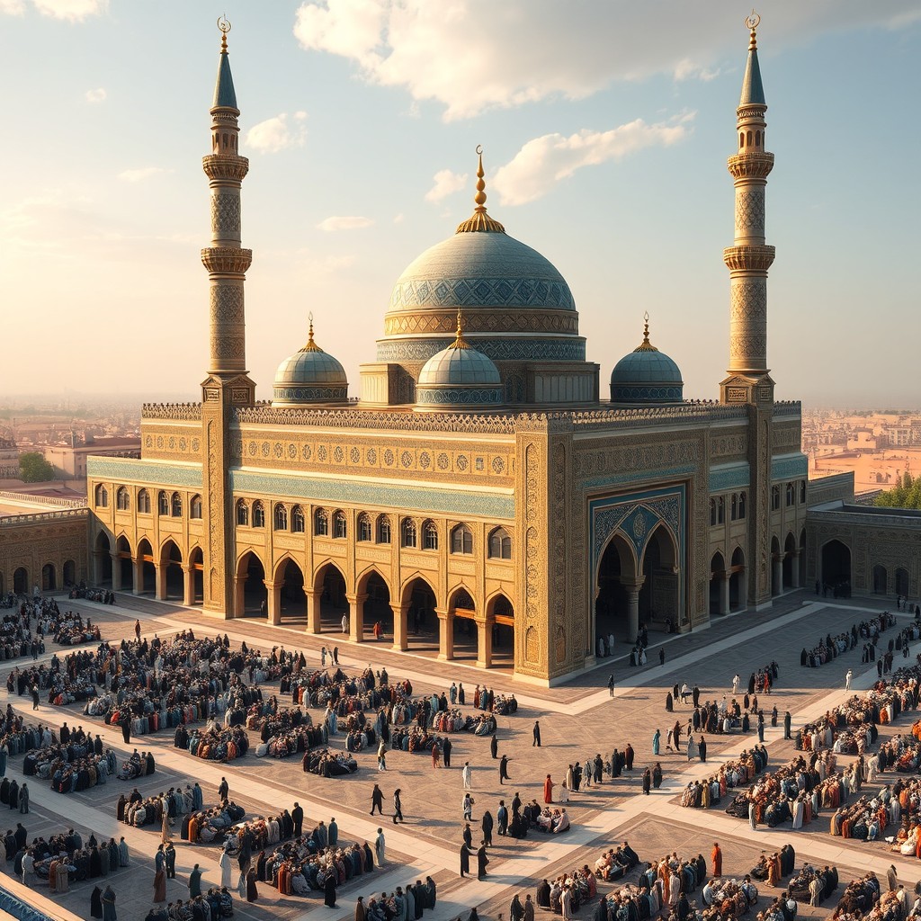 A beautifully detailed representation of Al-Masjid an-Nabawi (the Prophet's Mosque) during the 11th century, showcasing its stunning Islamic architecture with intricate geometric patterns and vibrant tiles