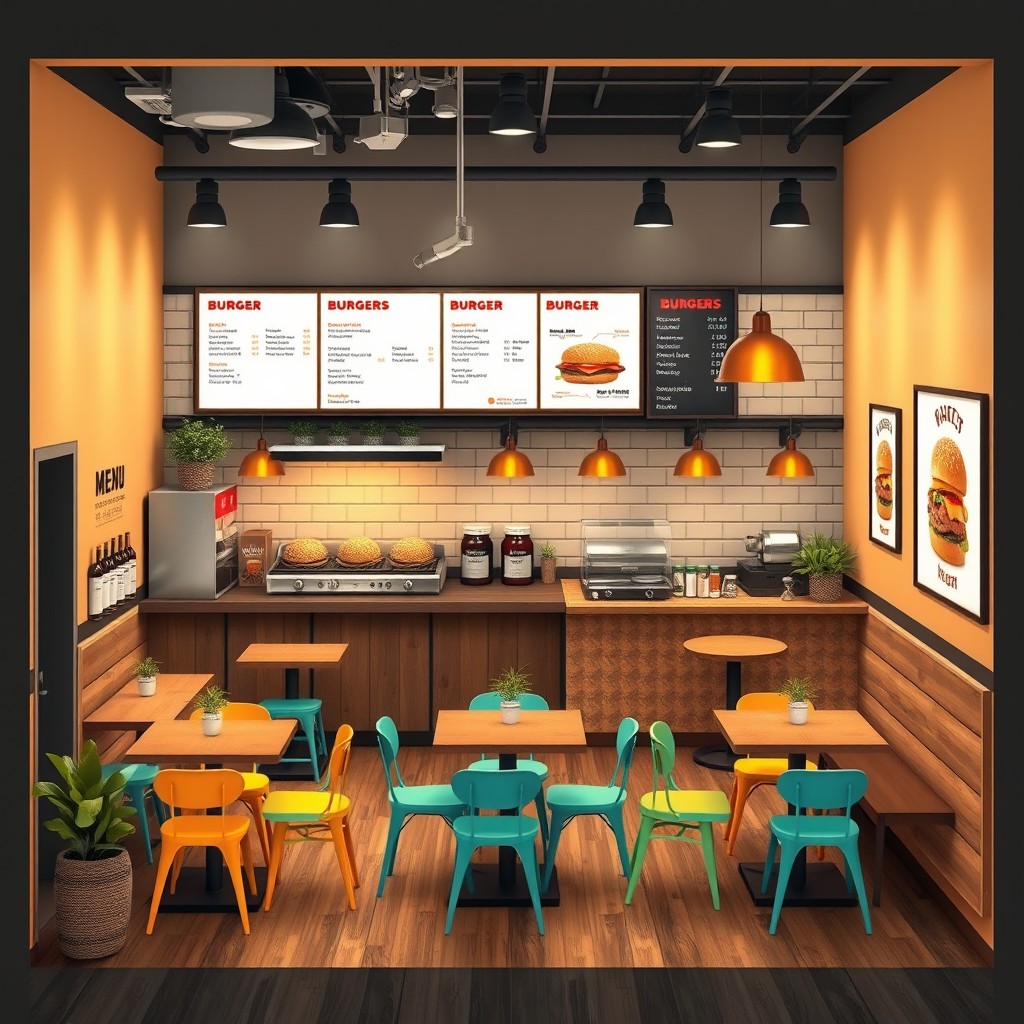 A sample layout of a small burger store featuring the following elements: a charming counter for placing orders, clear view of a grill area with burgers cooking, a menu board displaying a range of burger options, small tables with colorful chairs for customers, a condiment station with various sauces, decorative plants adding a touch of greenery, a cozy atmosphere with warm lighting, and artwork related to burgers on the walls