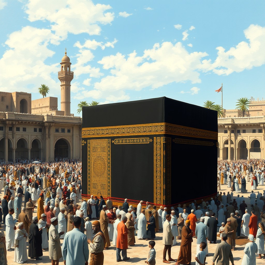 A detailed and historically accurate depiction of the Kaaba in the 11th century