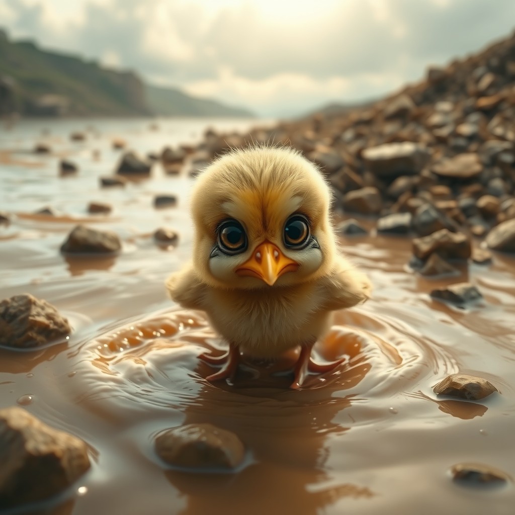 A small baby chick with big, expressive eyes crying tears, surrounded by muddy water from a flood and debris from a landslide