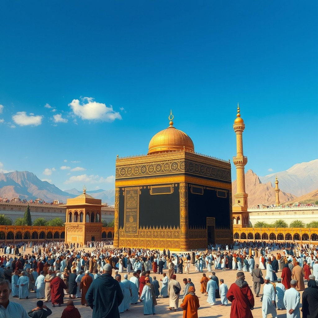 A historical depiction of the Kaaba in the 11th century, showcasing intricate architectural details and the rich cultural atmosphere of the time