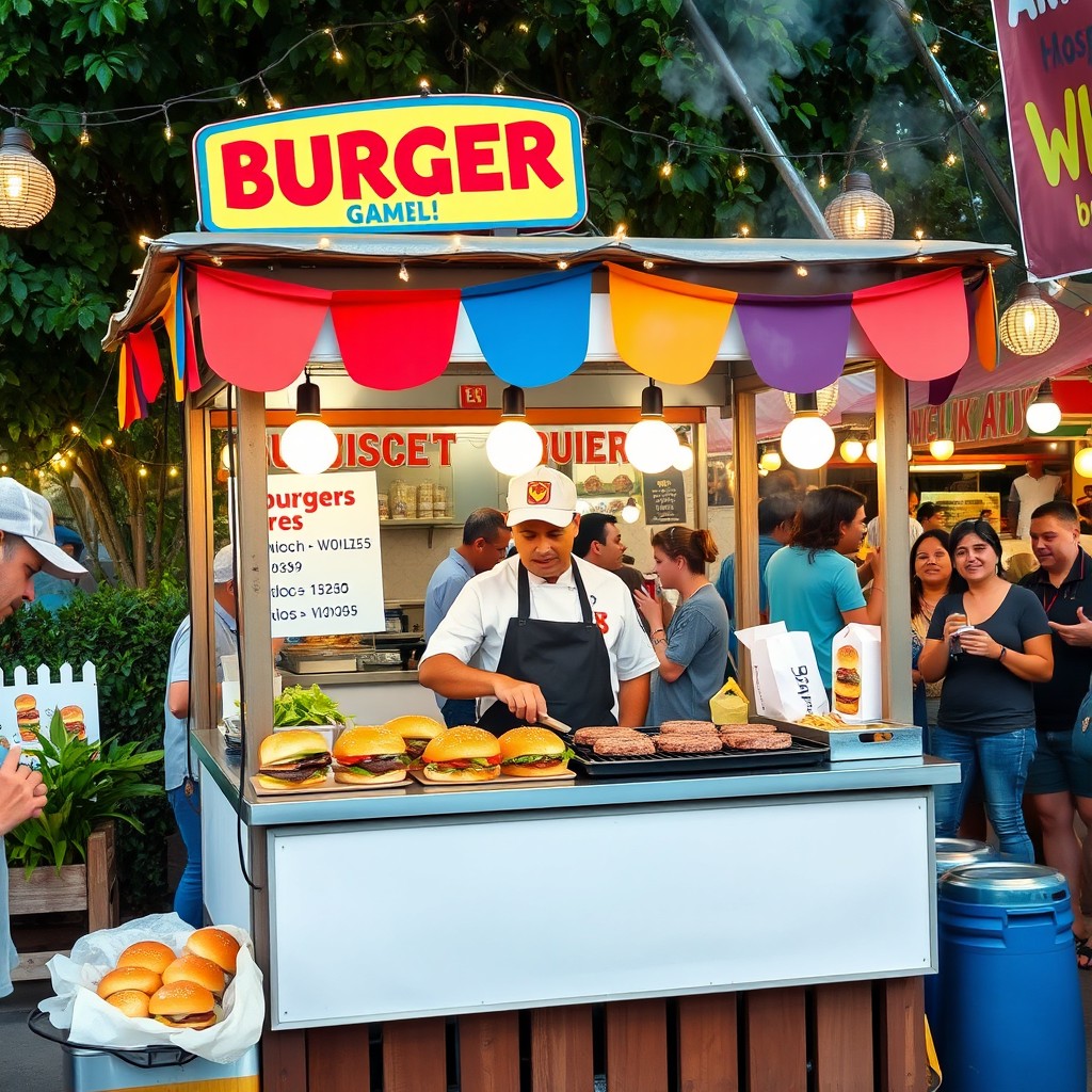 A small burger stall set up in a vibrant outdoor market