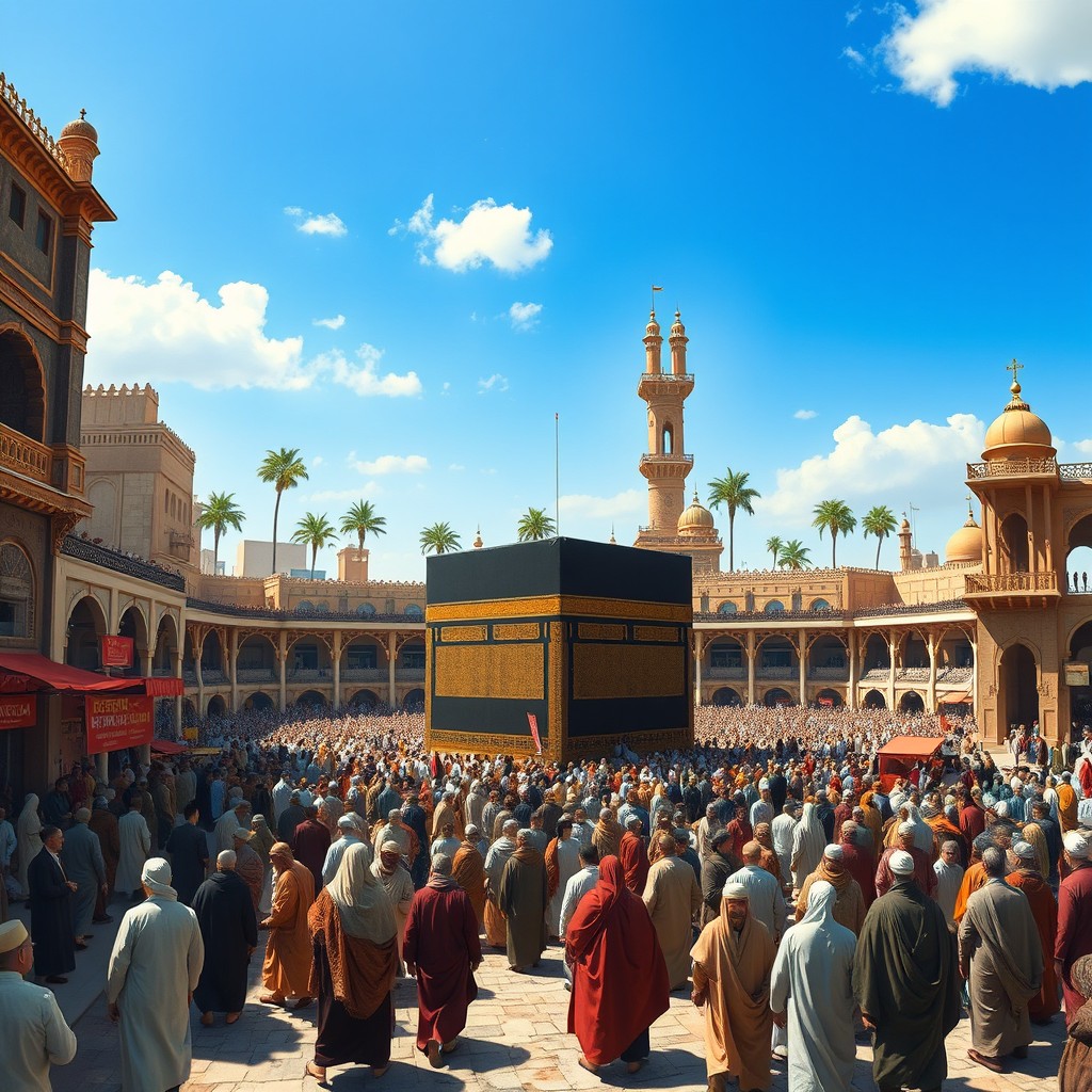 A vivid depiction of 11th century Mecca, showcasing the bustling streets filled with traders and pilgrims, wearing traditional robes and attire of the time