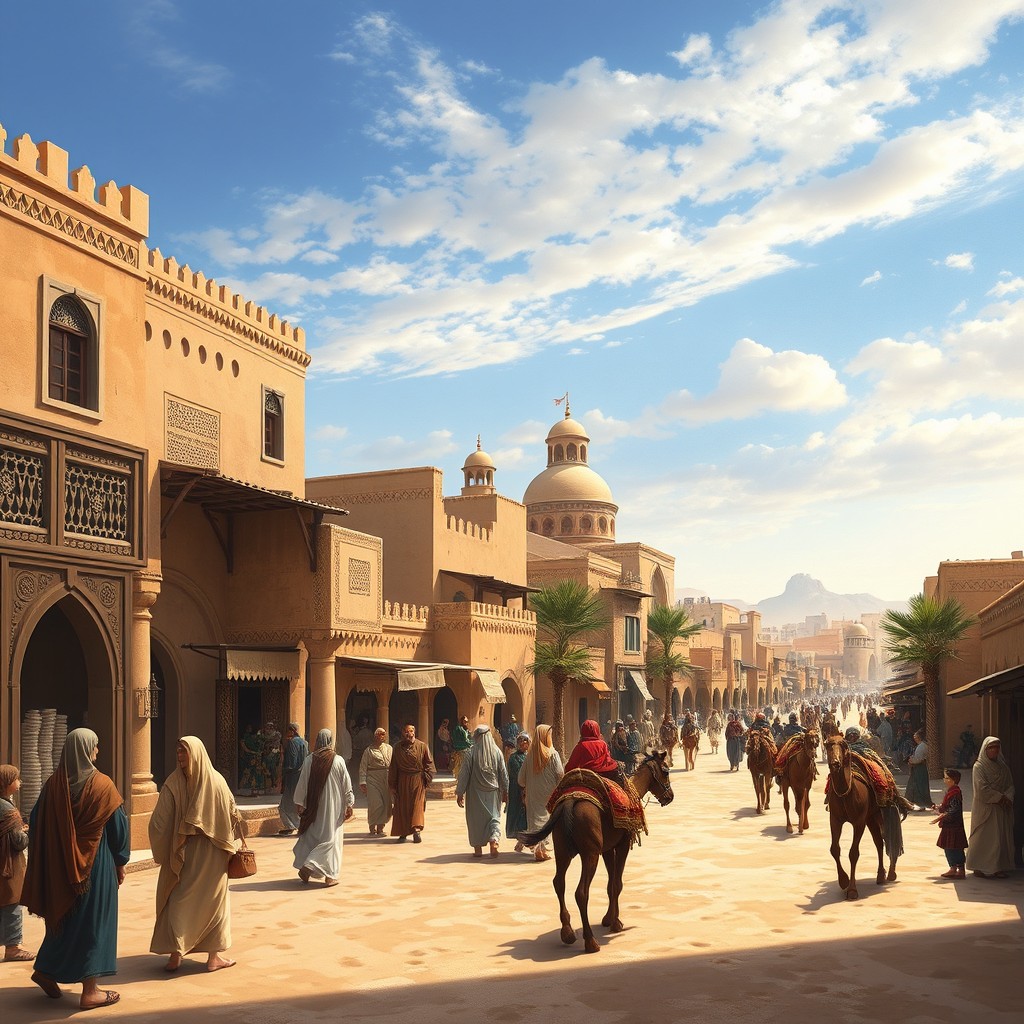 An artistic representation of Medina in the 11th century, showcasing the bustling city streets filled with merchants and traders