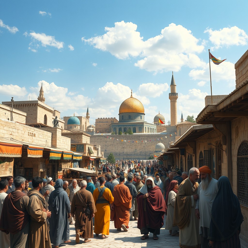 A detailed and vivid scene of 11th century Jerusalem, showcasing its historical architecture, bustling markets filled with merchants selling spices and textiles, religious pilgrims from different backgrounds, and a skyline with the iconic Al-Aqsa Mosque and the Dome of the Rock under a bright blue sky