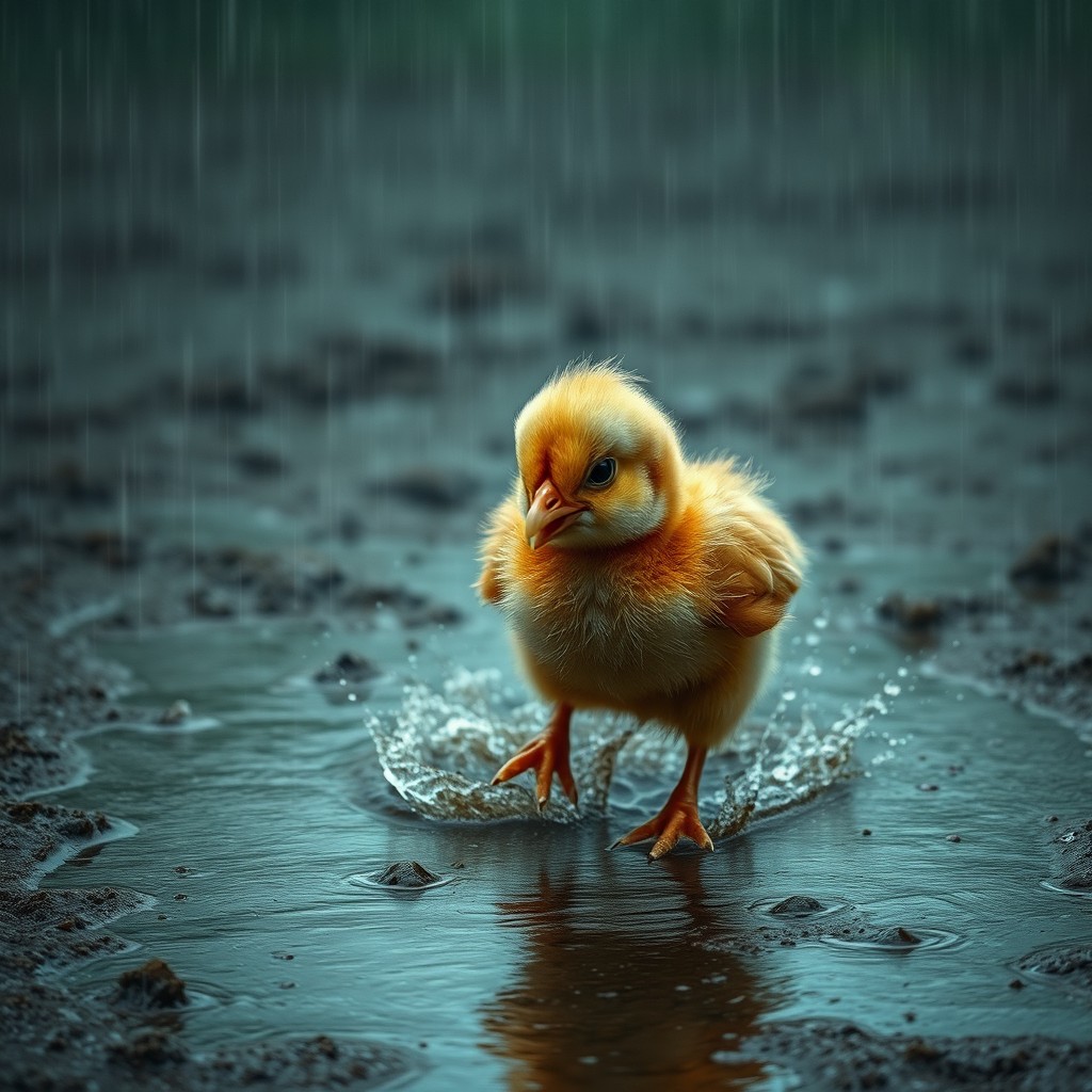 A realistic depiction of a baby chick in a flood area, struggling amidst heavy rainfall