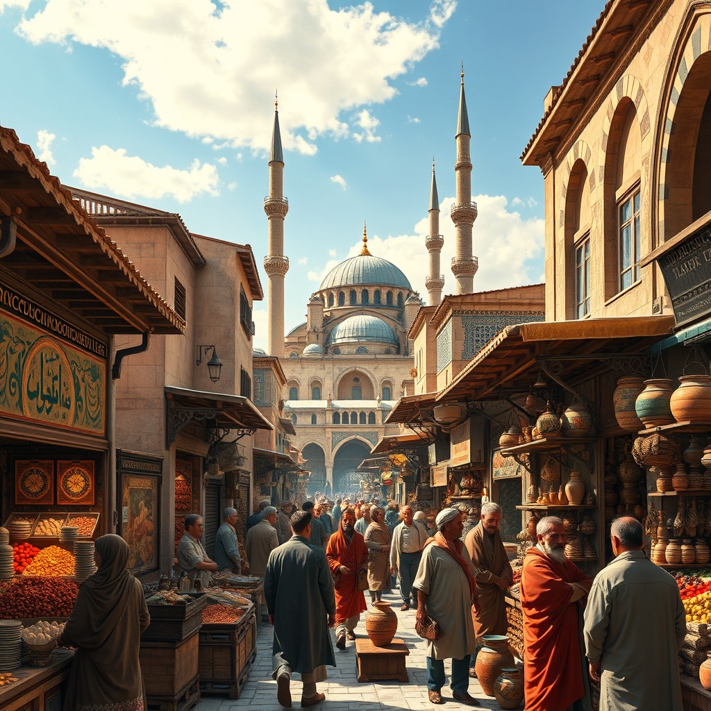 A vibrant historical scene set in 11th century Damascus, showcasing a bustling marketplace filled with merchants selling exotic goods such as spices, textiles, and pottery