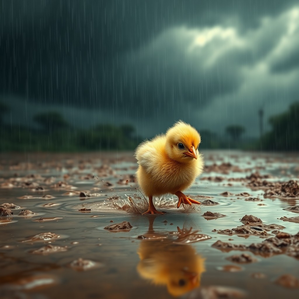 A realistic scene depicting a baby chick running in a flood-affected area