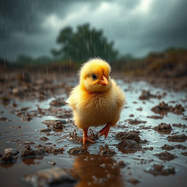 A realistic scene depicting a baby chick running in a flood-affected area