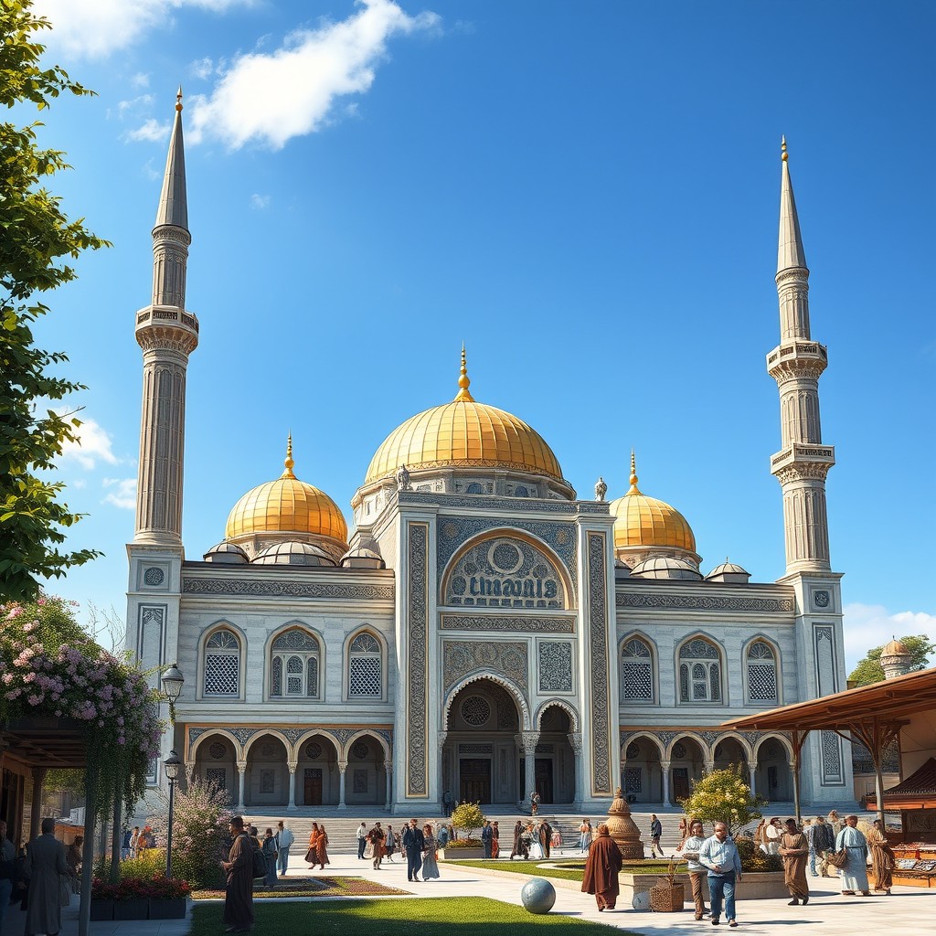 A stunning architectural illustration of the Umayyad Mosque, also known as the Emevi Camii, set in the 11th century