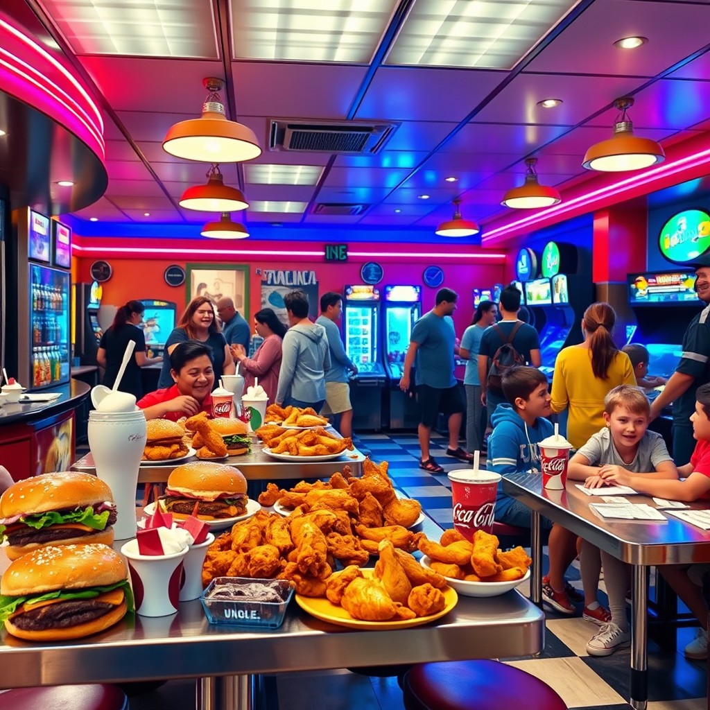 A lively fast-food restaurant interior showcasing a vibrant atmosphere
