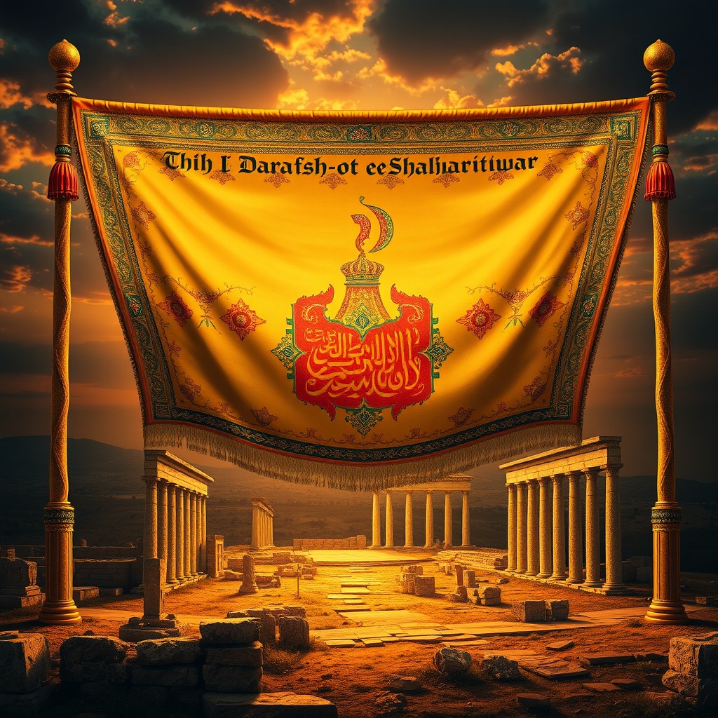 A stunning and detailed depiction of the Darafsh-e Shahrivar, the ancient symbol of the Achaemenid Empire, prominently featuring intricate Persian motifs