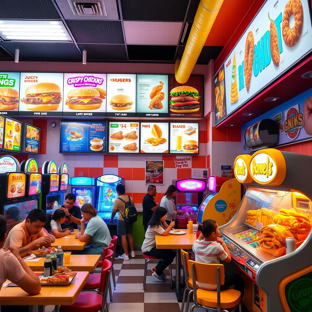 A vibrant fast food restaurant interior featuring a diverse menu with juicy hamburgers, crispy chicken wings, colorful ice cream, and a variety of sodas
