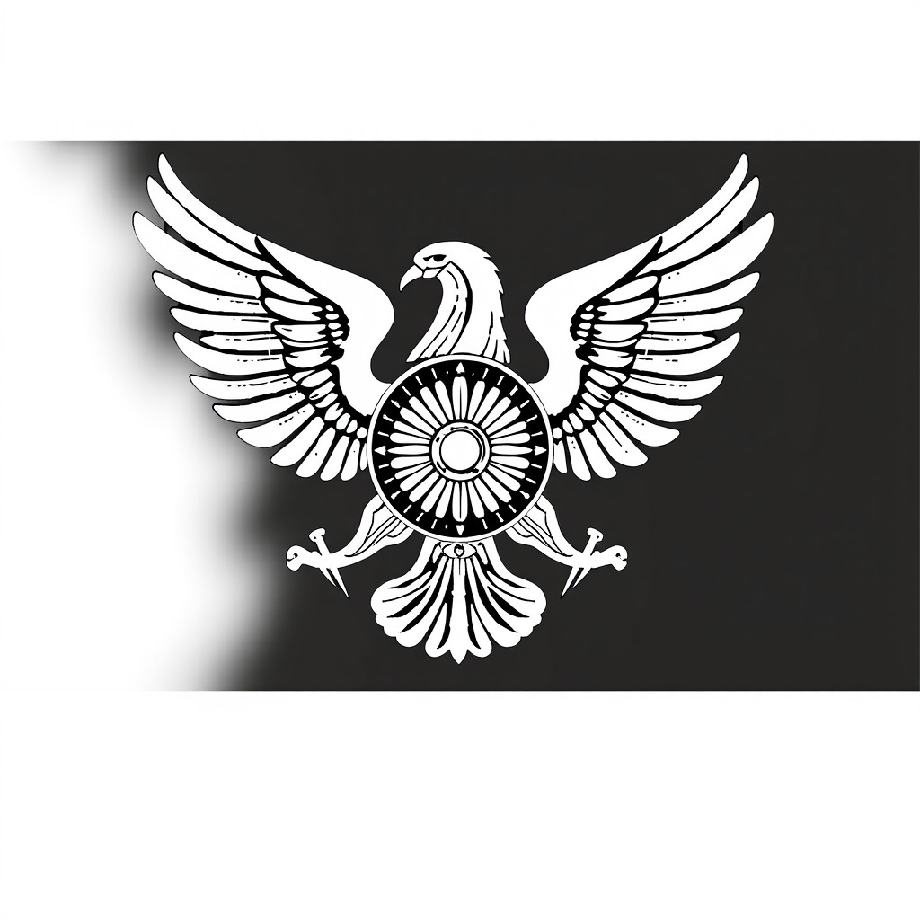 A monochrome artistic representation of the emblem of the Achaemenid Empire featuring the iconic winged sun disk and the intricate details of ancient Persian motifs