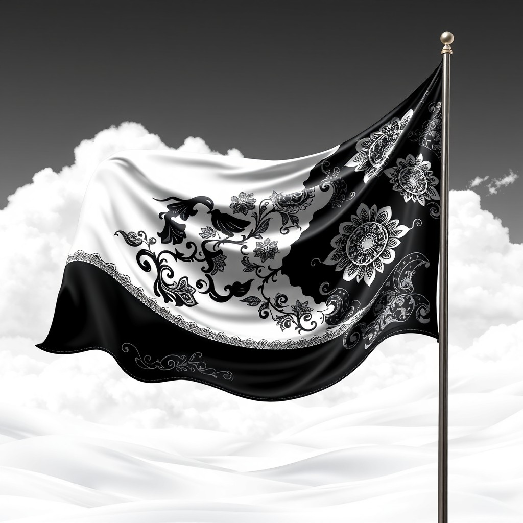 A beautiful artistic representation of a black and white flag, elegantly flowing in the wind
