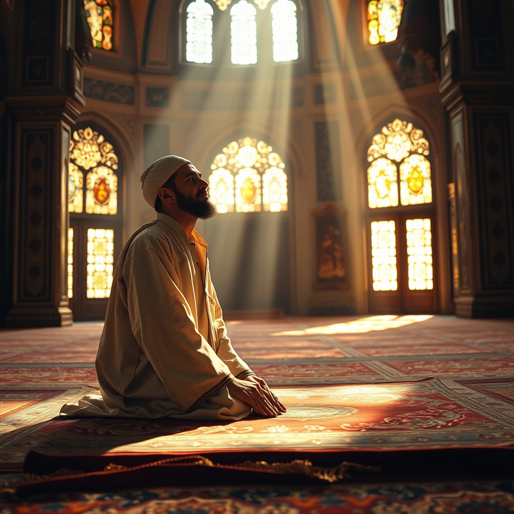 An 11th-century Muslim man in a traditional robe, peacefully praying and performing sujud (prostration) on a beautifully crafted prayer rug