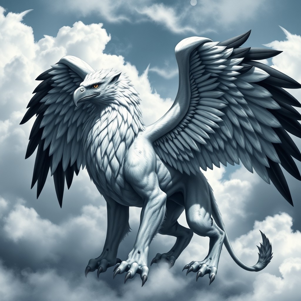 A majestic and powerful black and white griffin, combining the features of a lion and an eagle