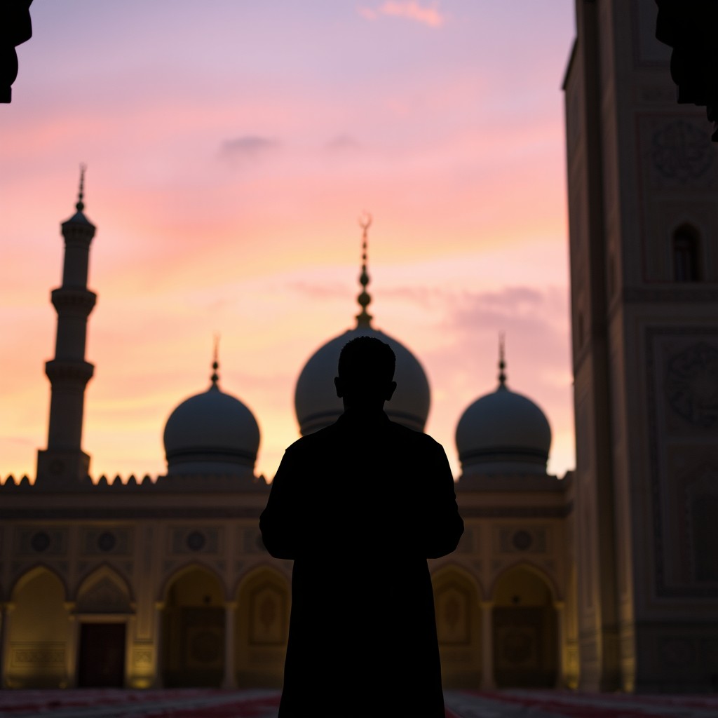 A silhouette of a Muslim man in prayer during the 11th century, standing in a serene pose with his hands raised and head bowed