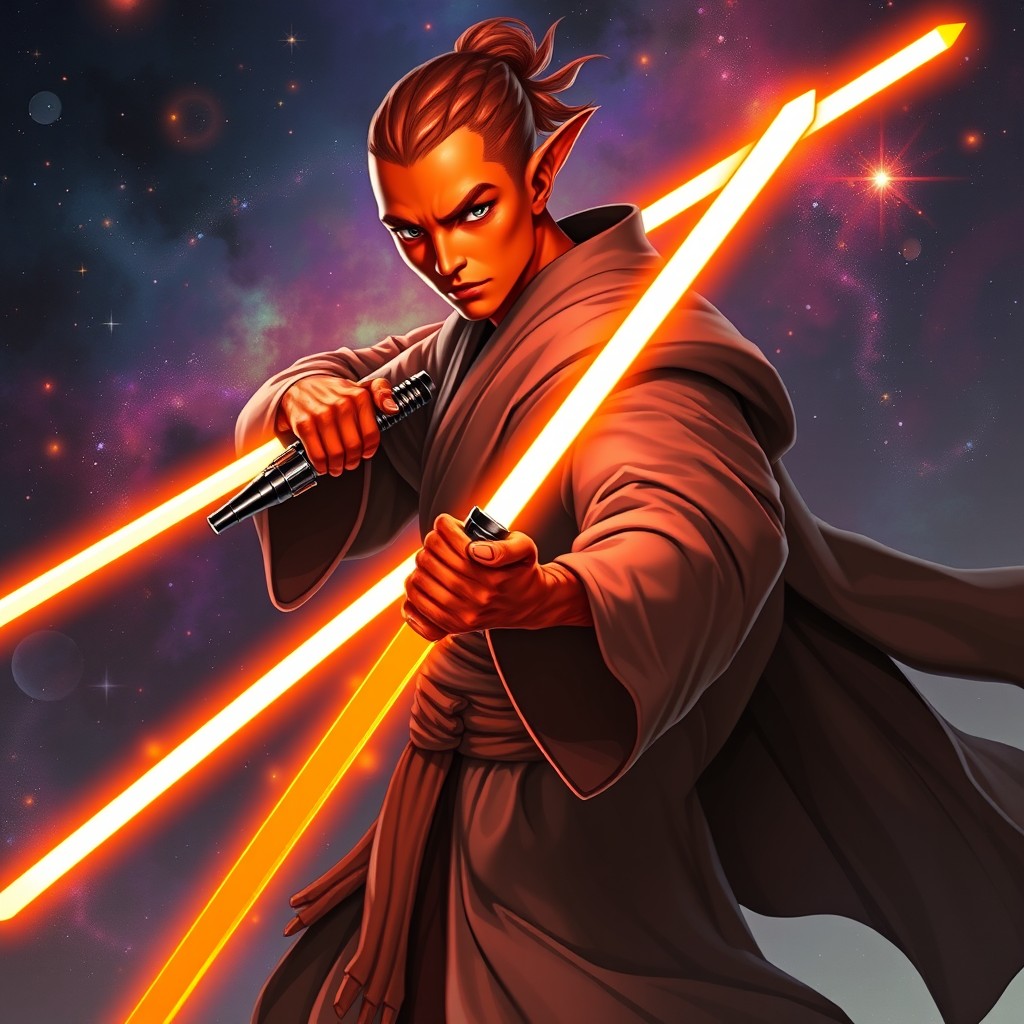 A male Nautolin with striking red-orange skin, elegantly draped in Jedi robes that flow gracefully around him