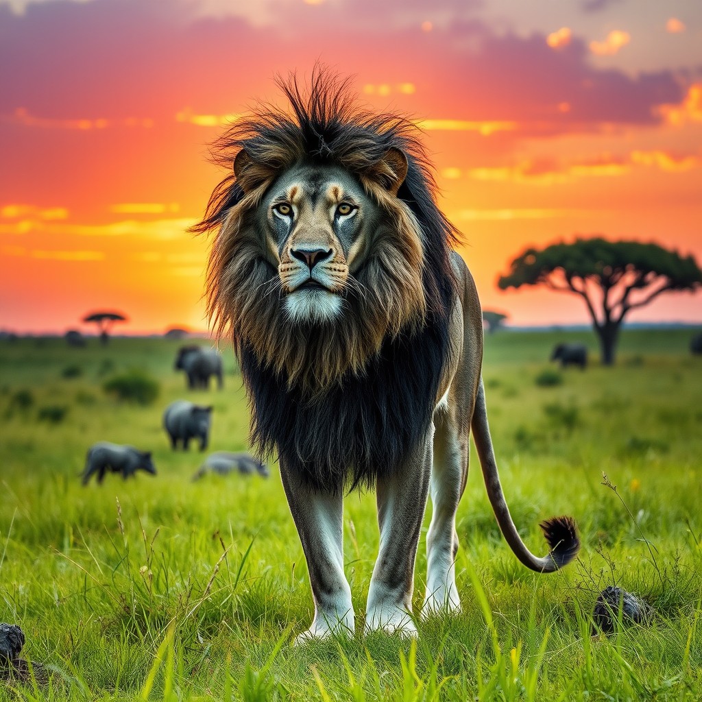 A majestic black and white lion, known for its unique coloration, standing proudly in a lush green savanna